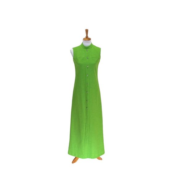 VINTAGE Womens Kay Windsor Mod Maxi Dress Lime Green Retro Minimalist - Picture 1 of 13